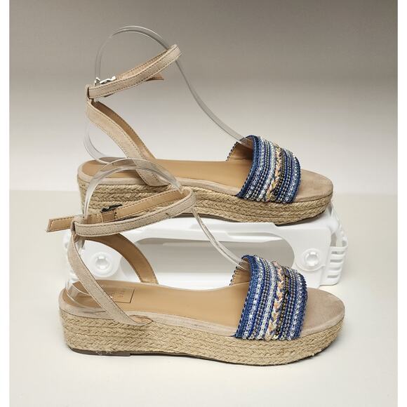 Kaari Blue Espadrille Wedge Sandal platform Jute strap pearl sequins Blue 8.5M - Picture 1 of 10